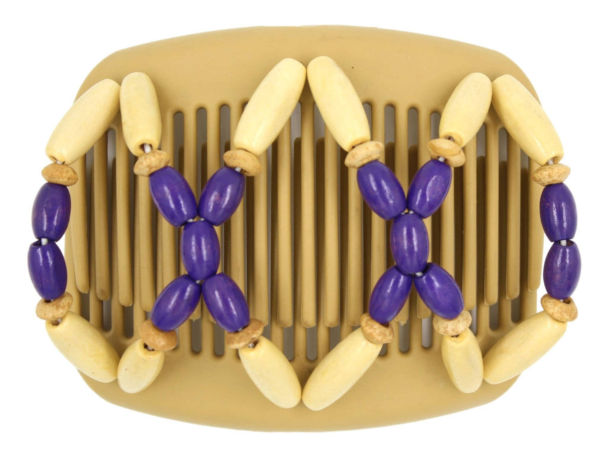 African Butterfly Hair Comb - Beada Blonde 114 - violet, natural, and blonde wood beads, white background