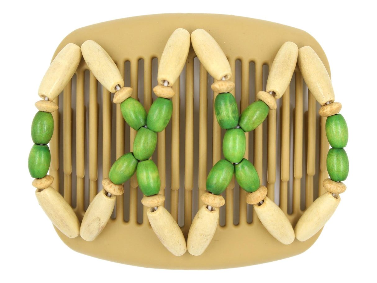 African Butterfly Hair Comb - Beada Blonde 118 - green, natural, and blonde wood beads, white background