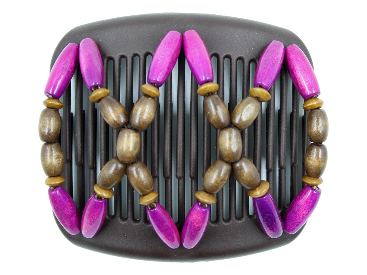African Butterfly Hair Comb - Beada Brown 256 - dark orchid wood bead, light brown wood beads, dark brown wood beads, white background