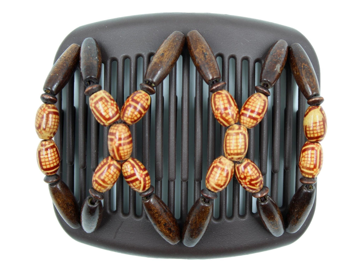 African Butterfly Hair Comb - Beada Brown 257 - brown, tan, and red boho wood beads, dark brown wood beads, white background