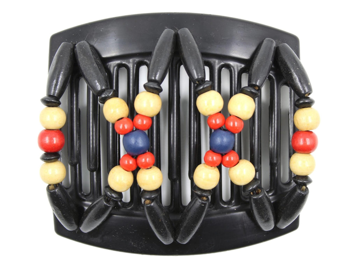 African Butterfly Thick Hair Comb - Beada Black 184 - midnight blue, cherry red, beige, and black wood beads, white background