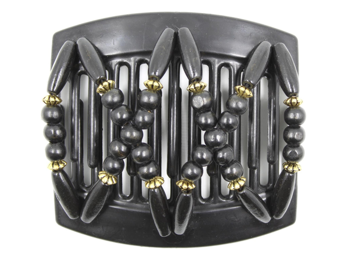 African Butterfly Thick Hair Comb - Beada Black 185 - black wood beads with gold accents, white background