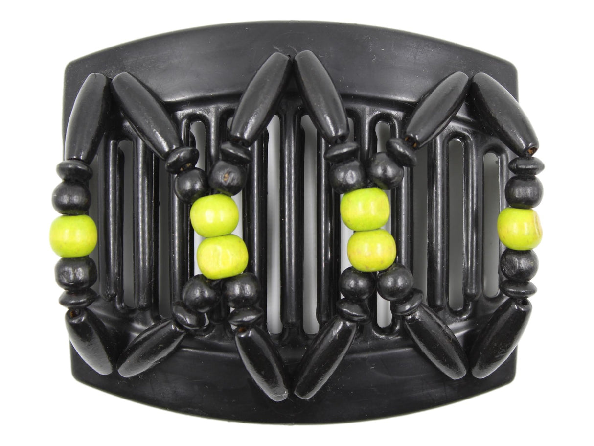 African Butterfly Thick Hair Comb - Beada Black 185 - green apple and black wood beads, white background