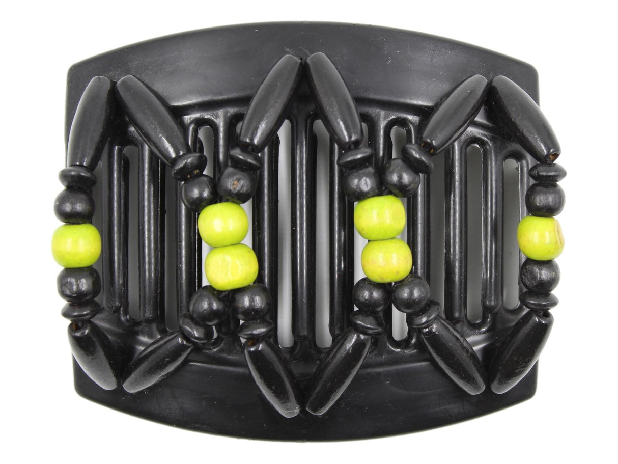 African Butterfly Thick Hair Comb - Beada Black 185 - green apple and black wood beads, white background