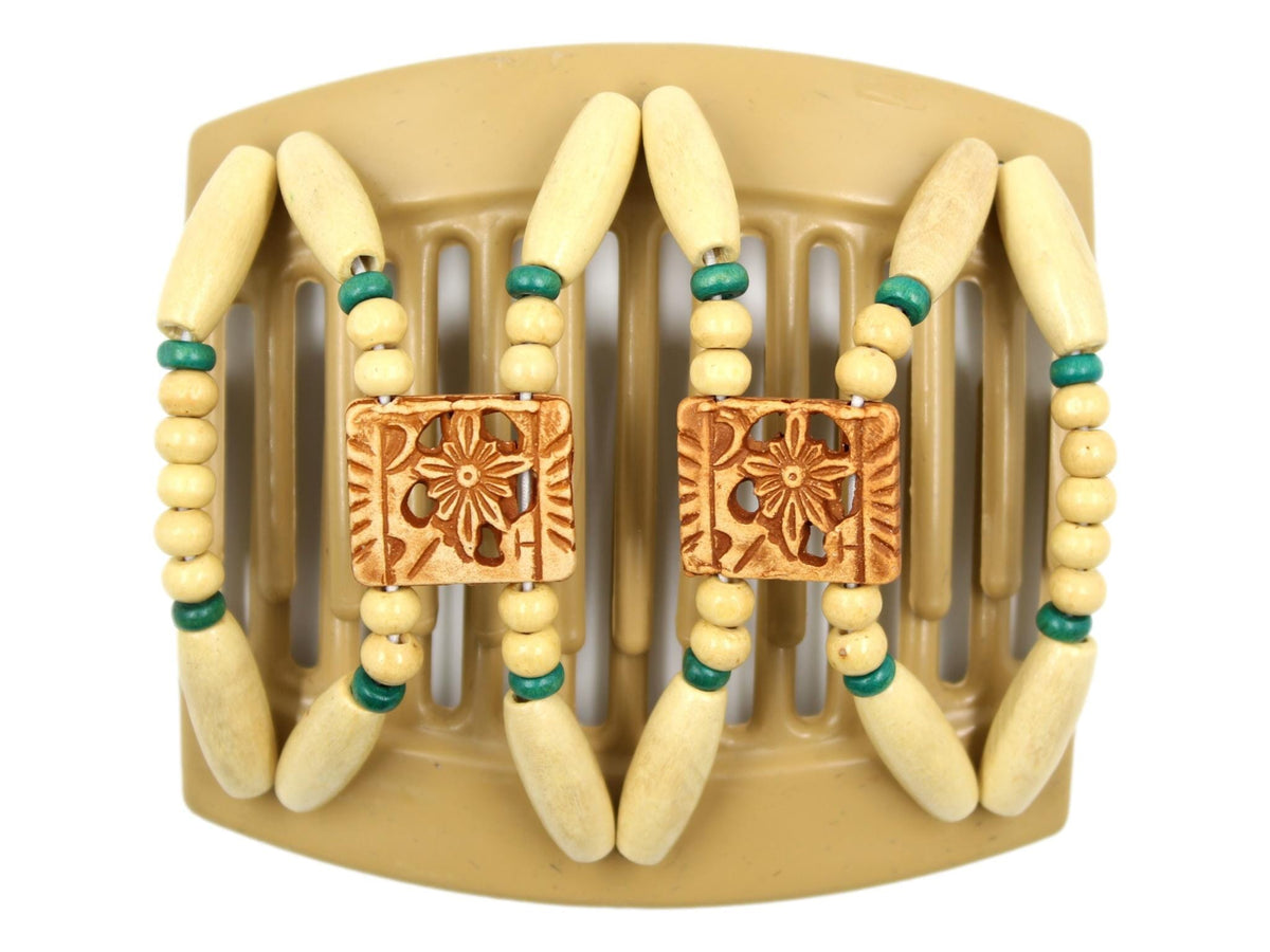 African Butterfly Thick Hair Comb - Dupla Blonde 109 - sierra brown acrylic tribal beads, blonde wood beads, teal wood beads, white background