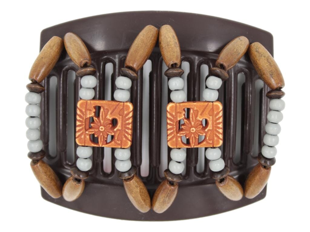 African Butterfly Dupla Brown Hair Comb 169 - burnt sienna, gray wood, brown wood beads, white background