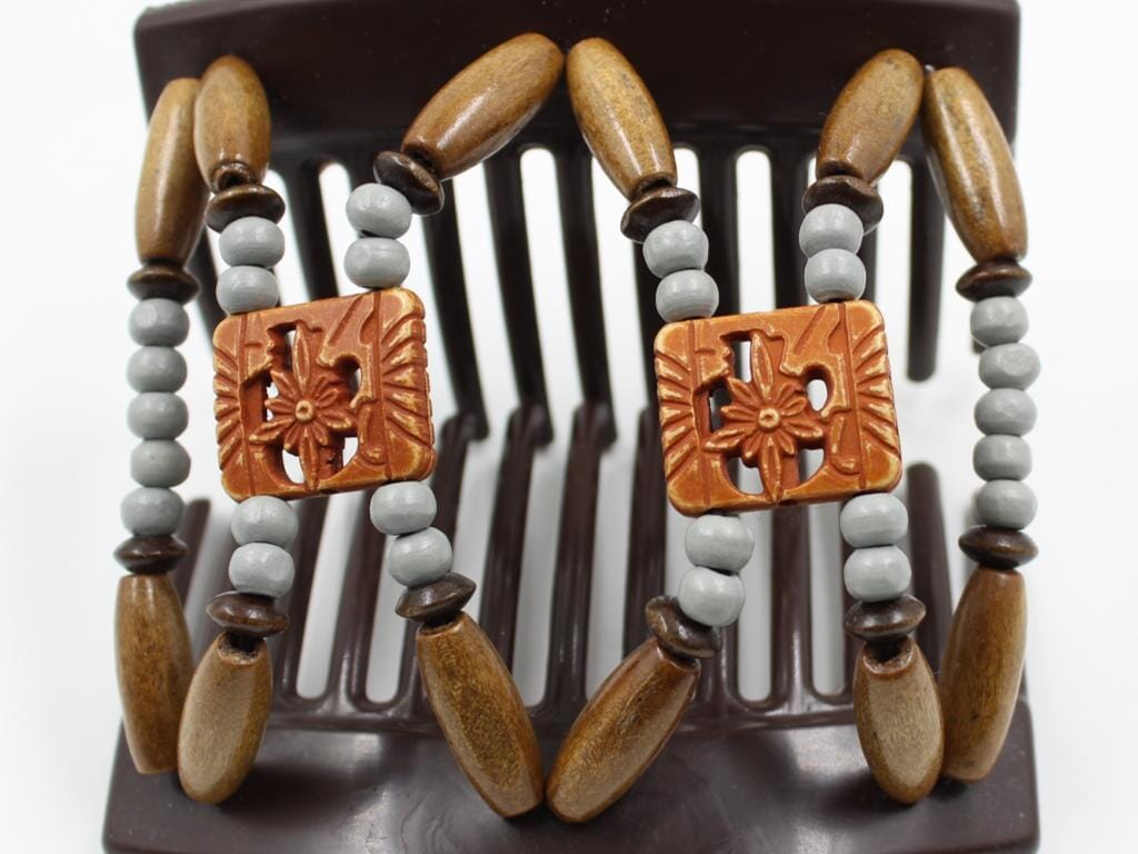 African Butterfly Dupla Brown Hair Comb 169 - burnt sienna, gray wood, brown wood beads, shown open, white background