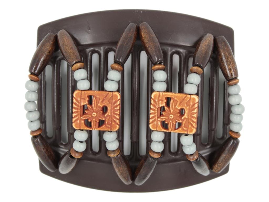 African Butterfly Dupla Brown Hair Comb 170 - burnt sienna, gray wood, dark brown beads, white background