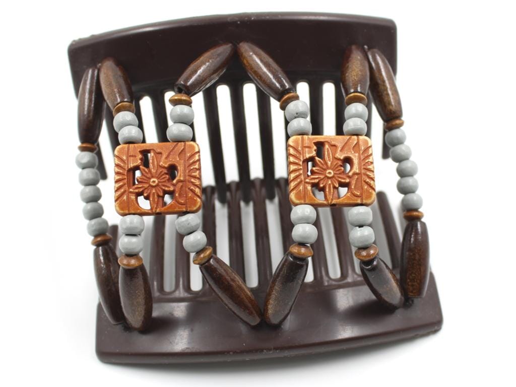 African Butterfly Dupla Brown Hair Comb 170 - burnt sienna, gray wood, dark brown beads, shown open, white background