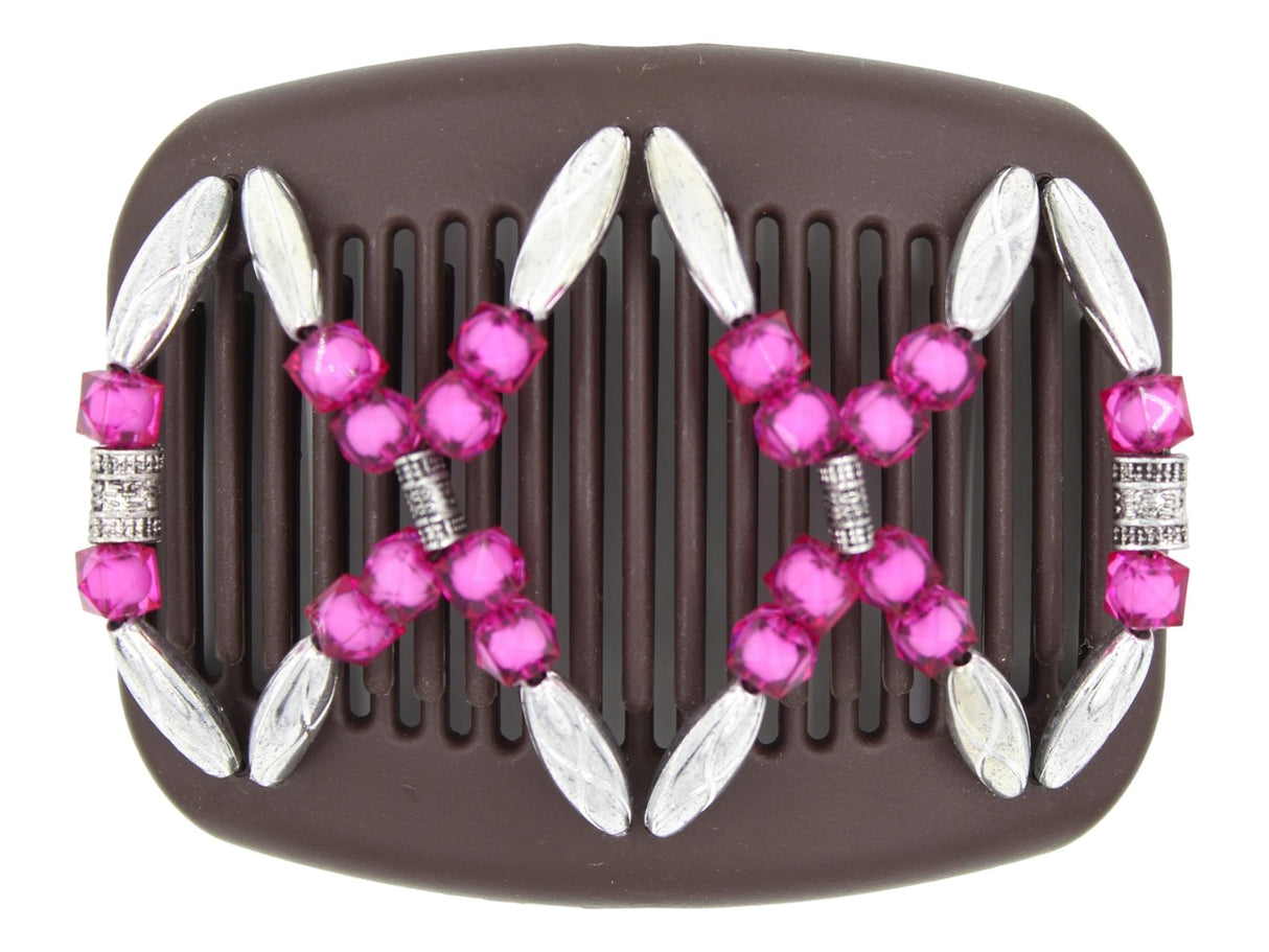 African Butterfly Dalena Brown Hair Comb 159 - silver and black center beads, fuchsia, silver beads, white background