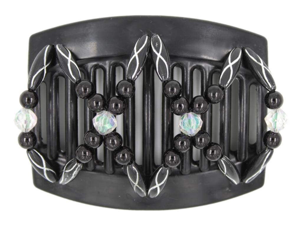 African Butterfly Dalena Black Hair Comb 148 - aurora borealis, solid black & black and silver etched beads, white background