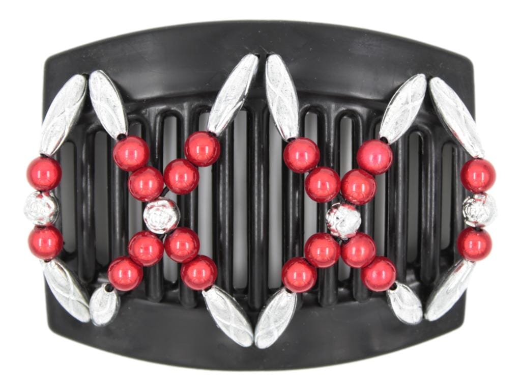 African Butterfly Dalena Black Hair Comb 149 - cranberry red magic, silver, silver rose beads, white background