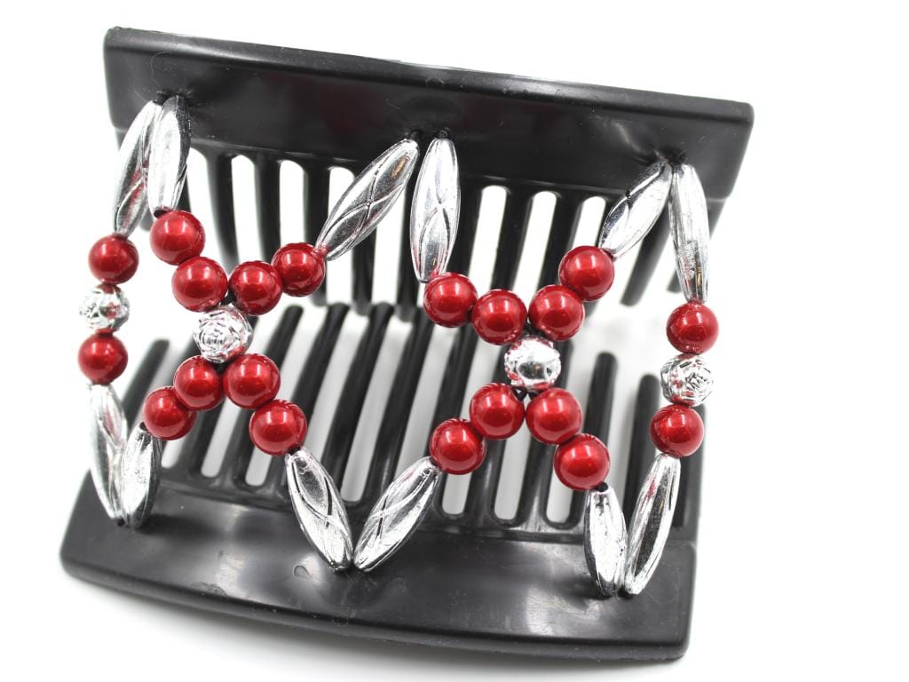 African Butterfly Dalena Black Hair Comb 149 - cranberry red magic, silver, silver rose beads, shown open, white background
