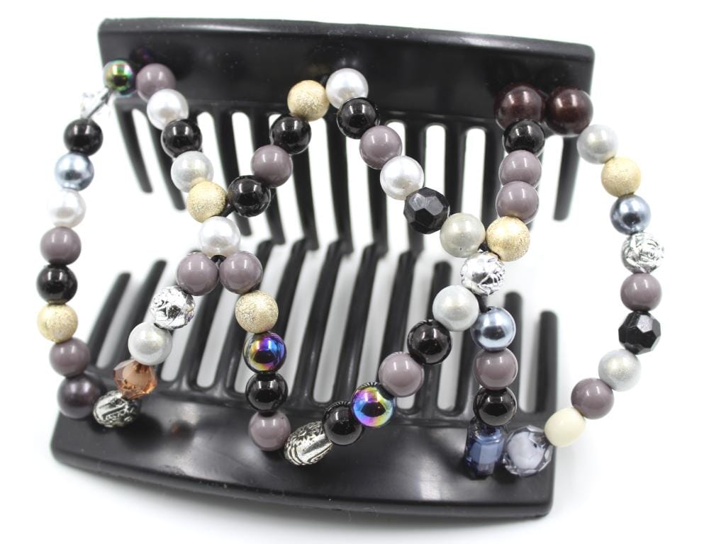 African Butterfly Dalena Black Hair Comb 150 - black, gray, gold, white beads, shown open, white background