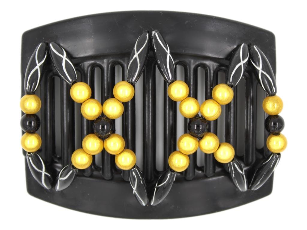 African Butterfly Dalena Black Hair Comb 151 - black, marigold magic beads, black with silver etched beads, white background