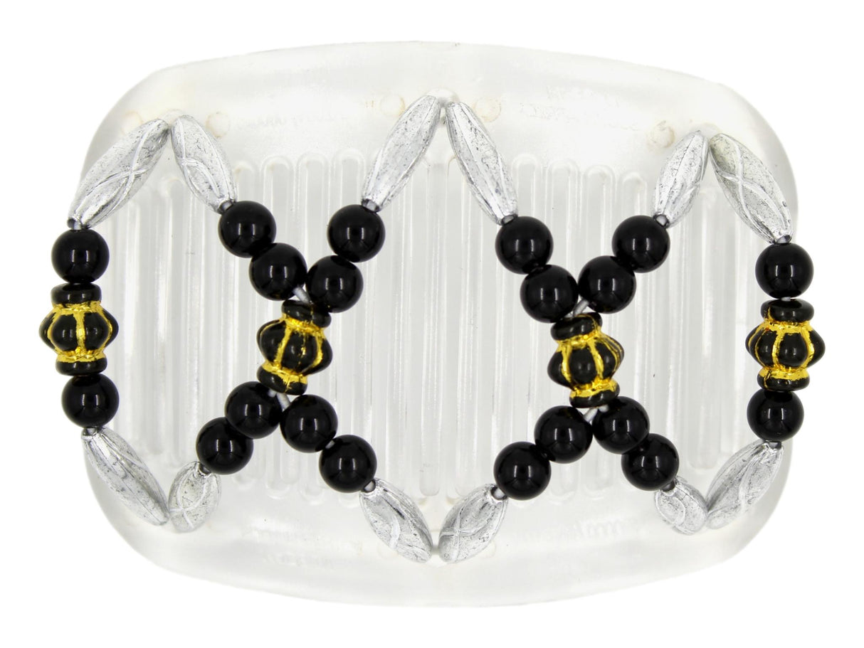 African Butterfly Hair Comb - Dalena Clear 149 - black, gold & silver beads, white background
