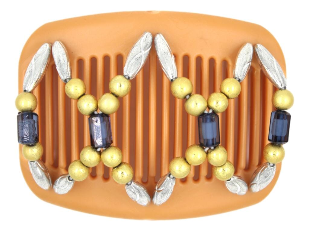 African Butterfly Hair Comb - Dalena Blonde Pearl 27 - midnight blue translucent, gold crackle and silver beads on a blonde pearl comb base, white background