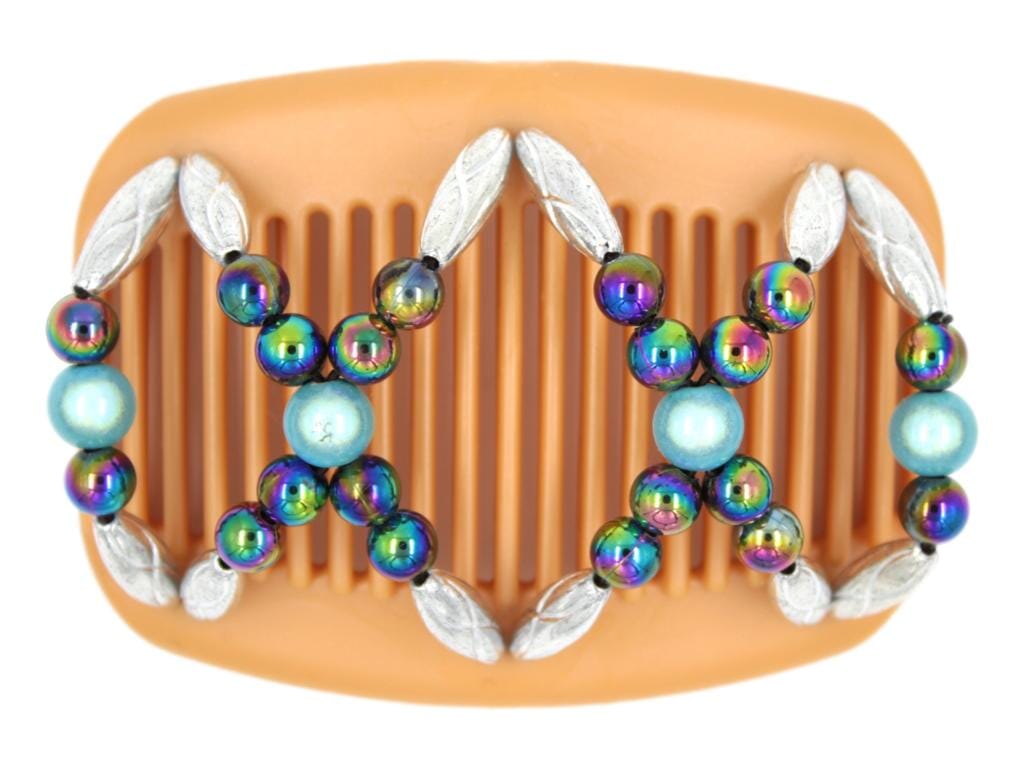 African Butterfly Hair Comb - Dalena Blonde Pearl 28 - aqua blue, rainbow and silver beads on a blonde pearl comb base, white background