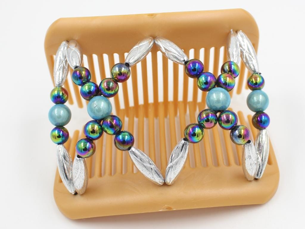 African Butterfly Hair Comb - Dalena Blonde Pearl 28 - aqua blue, rainbow and silver beads on a blonde pearl comb base, shown open, white background
