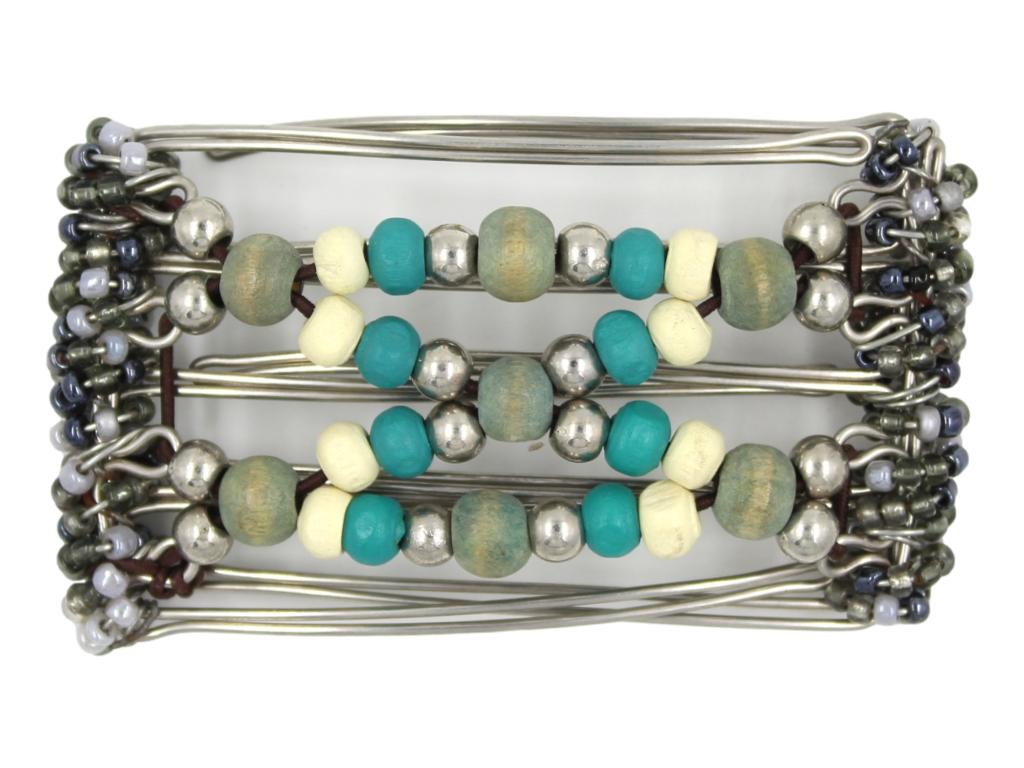 African Butterfly Wire Hair Clip - 5 Tong 429 - beaded hair clip with blue, cream, aqua and gunmetal beads on a white background