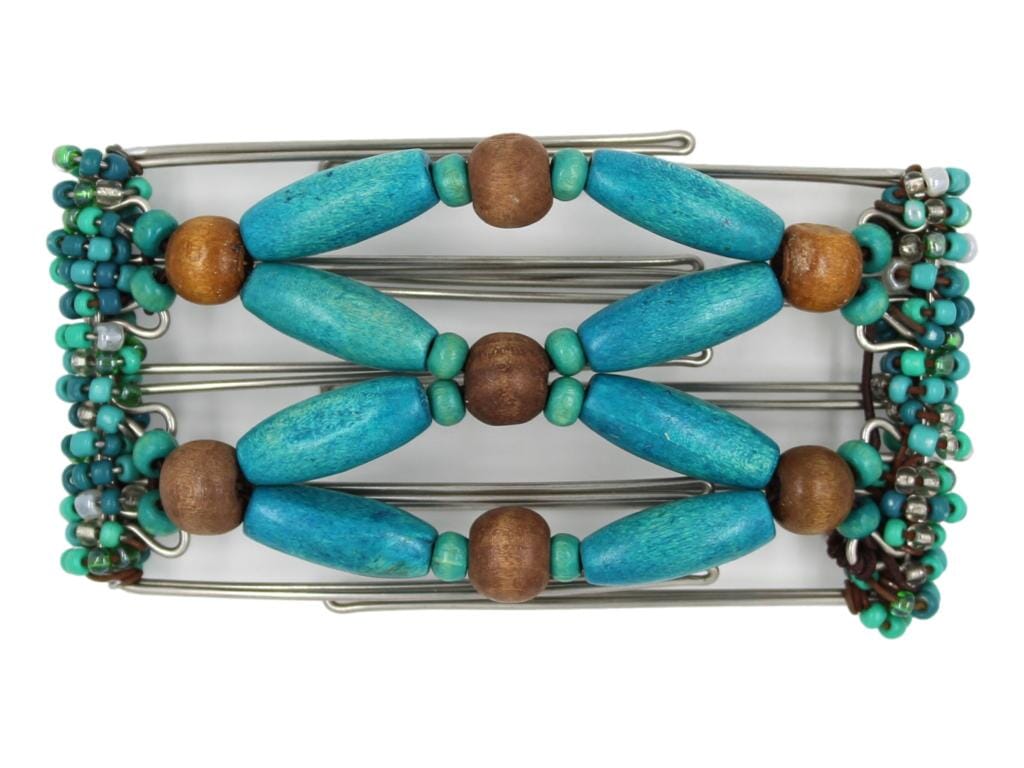African Butterfly Wire Hair Clip - 5 Tong 435 - Beaded hair clip with turquoise, teal & dark brown wooden accents on a white background