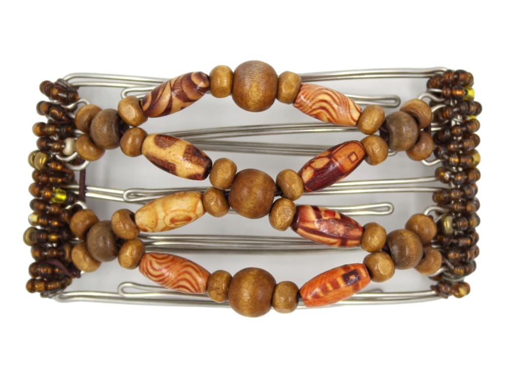 African Butterfly Wire Hair Clip - 5 Tong 437 - hair clip with wood beads on a white background