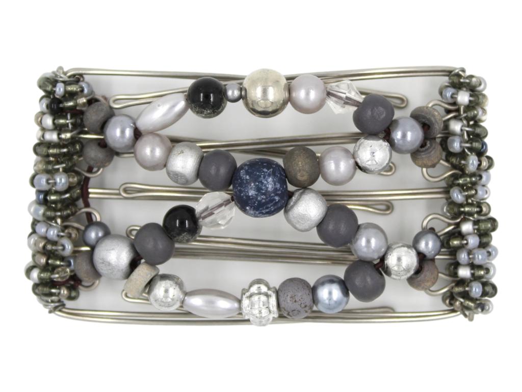 African Butterfly Wire Hair Clip - 5 Tong 439 - hair clip with gray and silver beads on a white background
