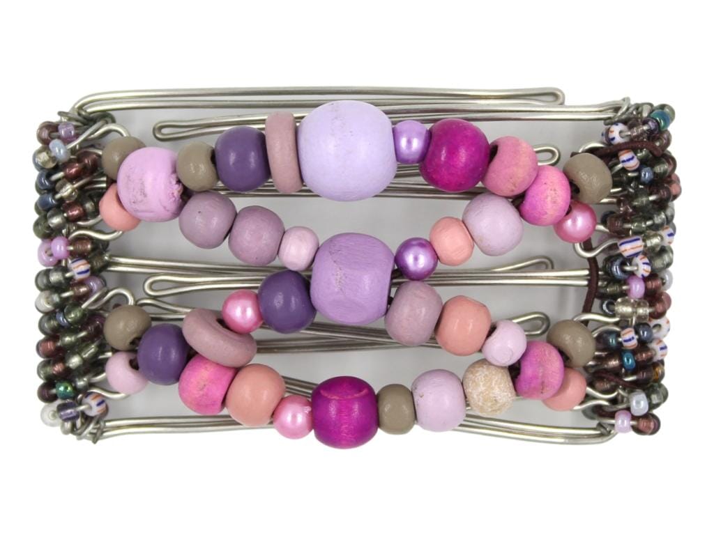 African Butterfly 5 Tong Wire Hair Clip 444 - purple beads on stainless steel wire, white background