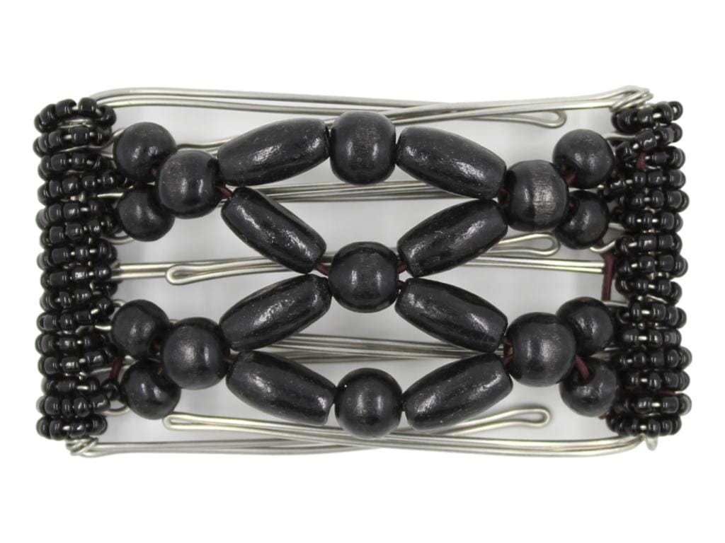 African Butterfly 5 Tong Wire Hair Clip 447 - all black wood beads on stainless steel wire, white background