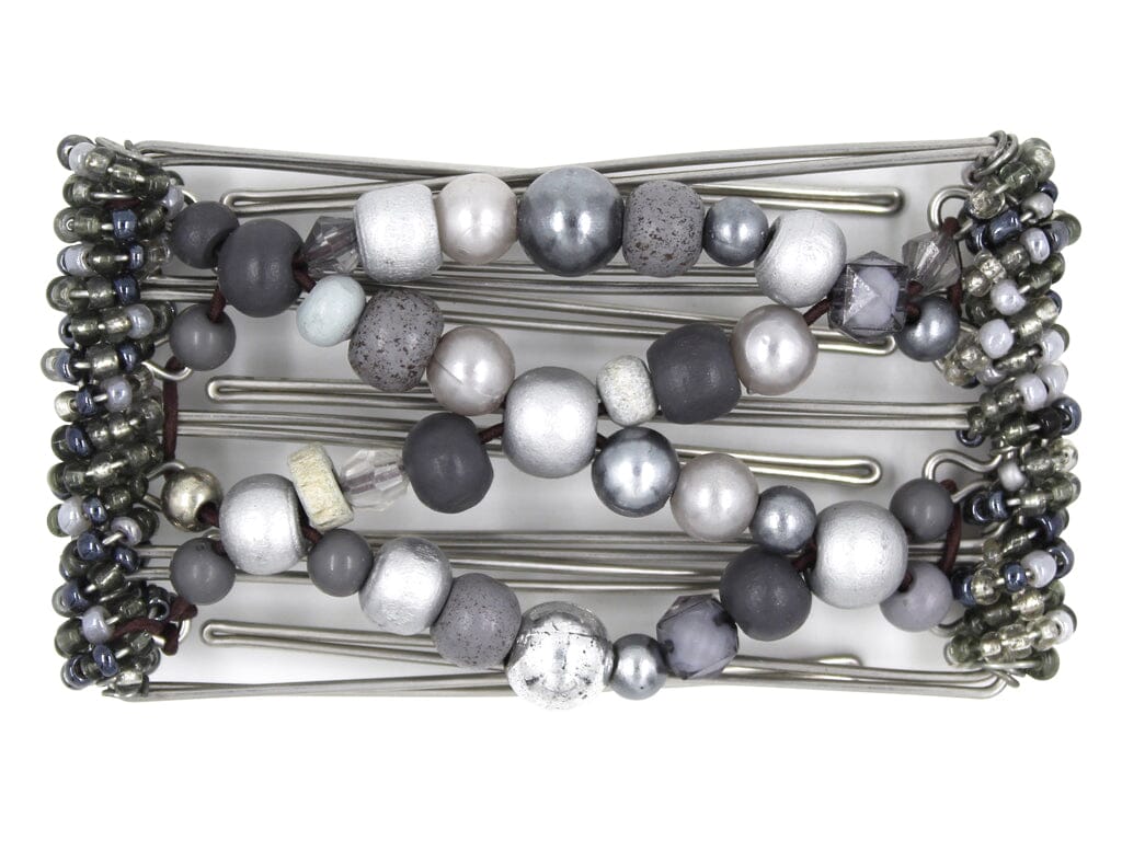 African Butterfly Wire Hair Clip - 5 Tong 452 - stormy gray wood beads, light and dark gray tones, white background