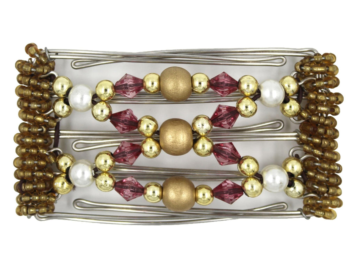 African Butterfly Wire Hair Clip - 5 Tong 453 - gold wood beads, gold beads, raspberry acrylic beads, white pearl beads, gold Czech seed beads, white background