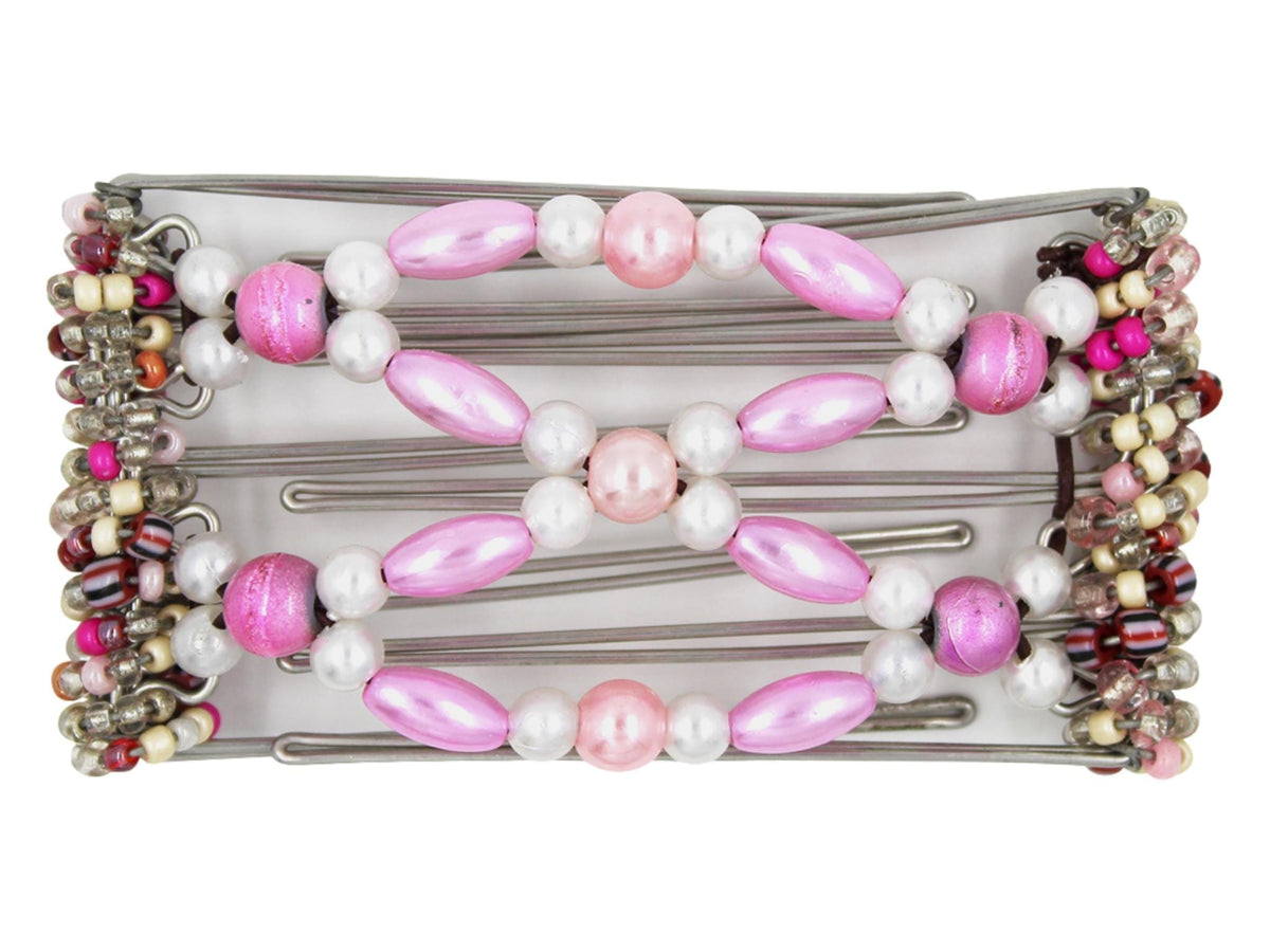 African Butterfly Wire Hair Clip - 5 Tong 457 - pale pink pearls, white pearls, bubblegum pink pearly beads, rose shimmer beads, white background