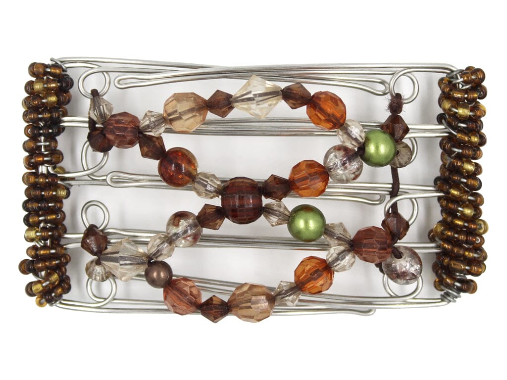 African Butterfly Wire Hair Clip - 5 Tong 458 - acrylic beads in rich browns and green, brown Czech seed beads along the sides, white background