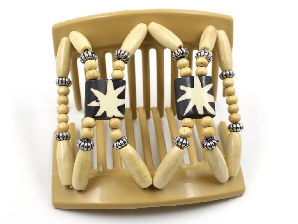 African Butterfly Thick Hair Comb - Stones & Bones Blonde 76 - ivory and dark chocolate bone beads, cream wood and silver accents, shown open, white background