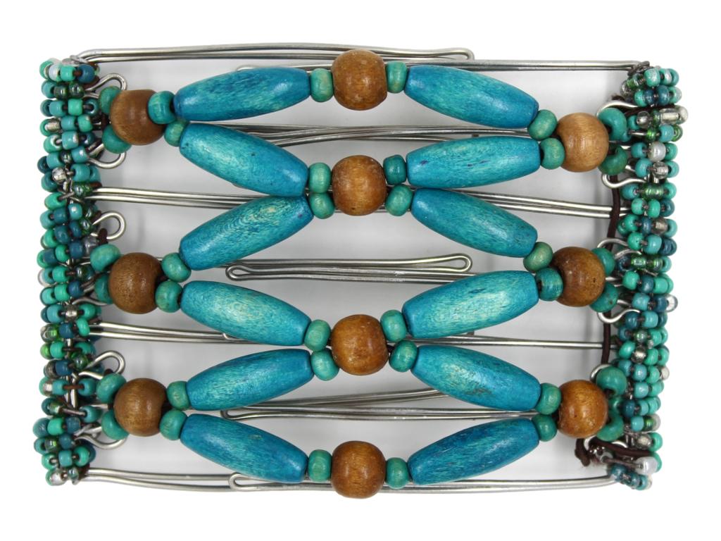 African Butterfly Wire Hair Clip - 7 Tong 714 - Beaded hair clip with turquoise and brown beads on a white background