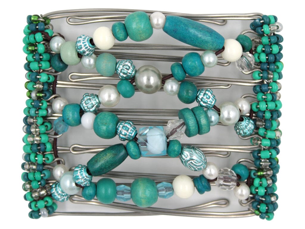 African Butterfly Wire Hair Clip - 7 Tong 755 - hair clip with turquoise and pearl beads on a white background