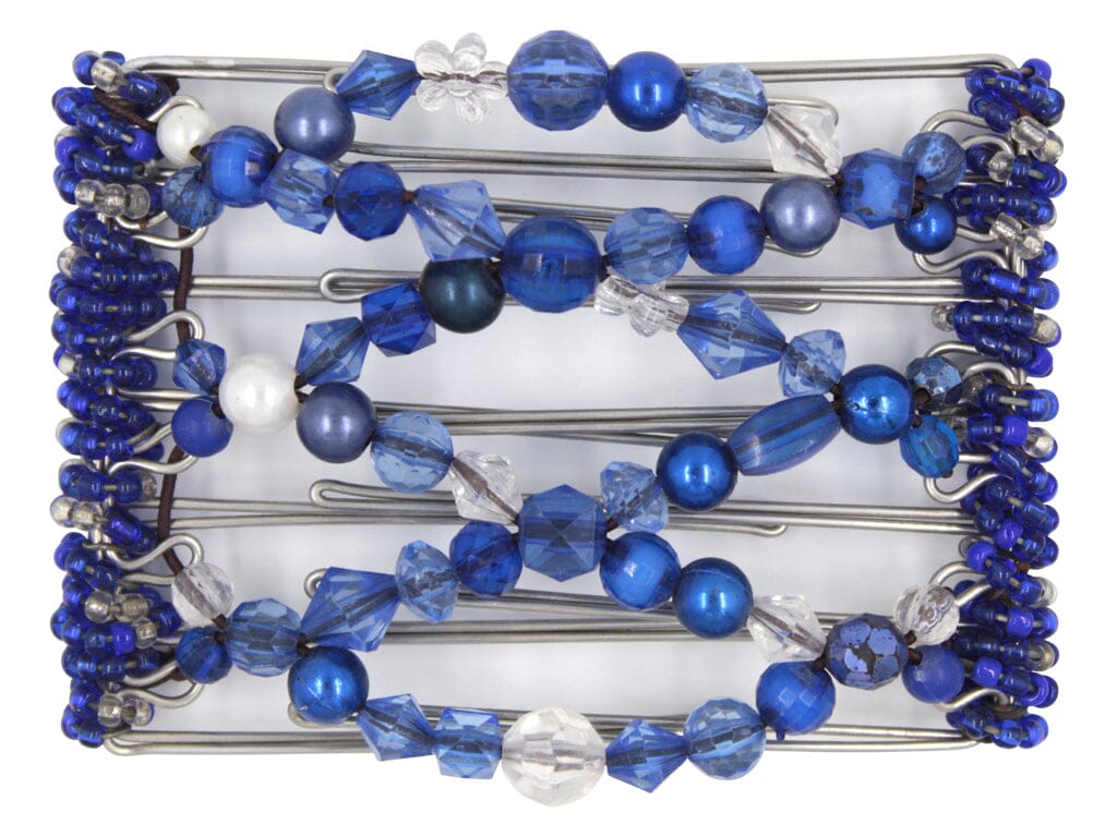 African Butterfly Wire Hair Clip - 7 Tong 777 - mixed blue acrylic, clear acrylic, midnight blue, sapphire and white pearl beads, white background