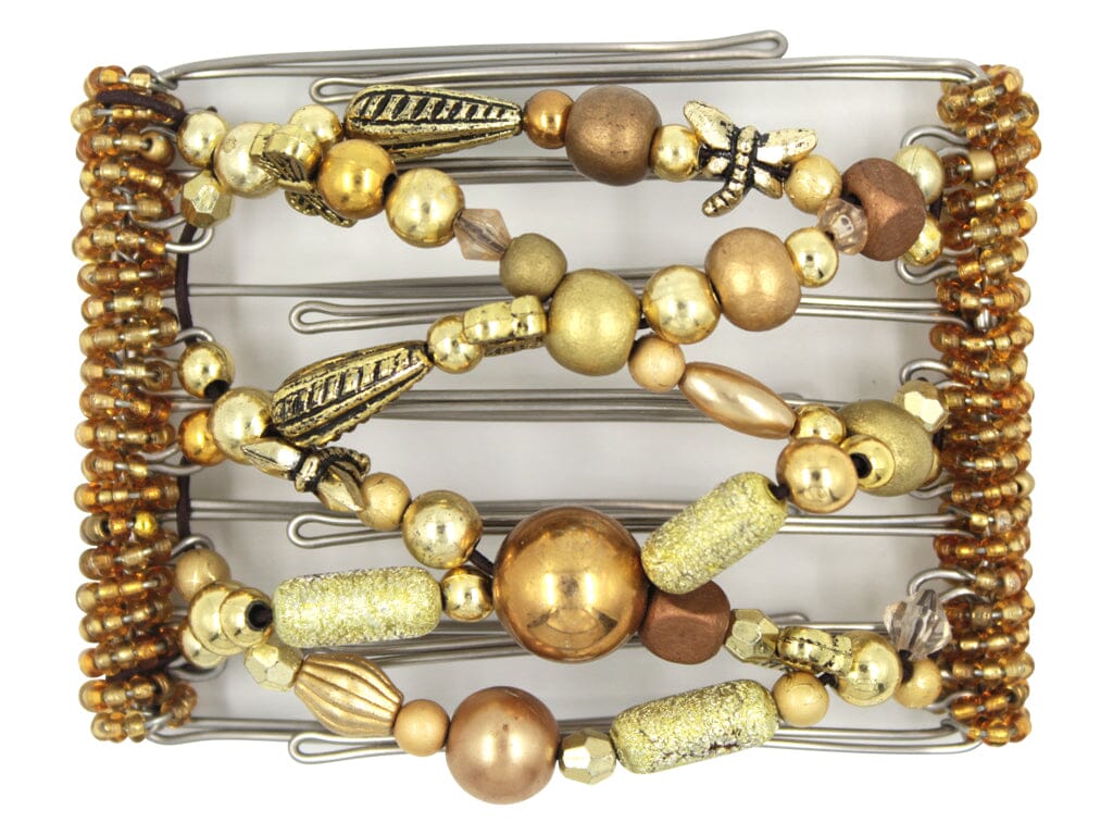 African Butterfly Wire Hair Clip - 7 Tong 780 - hair clip with gold, copper, and bronze beads on a white background