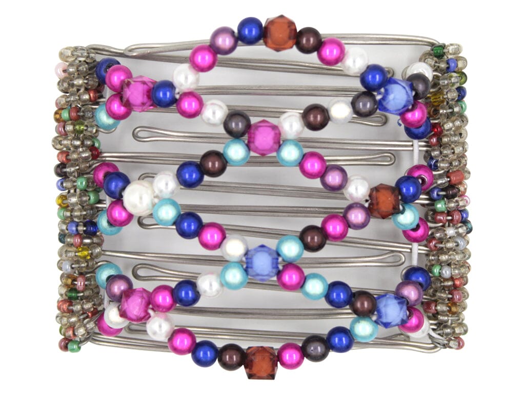 African Butterfly Wire Hair Clip - 7 Tong 784 - rainbow beads in navy, mauve, fuchsia, aqua, charcoal gray and white pearl, with mixed bead sprinkle on the sides, white background
