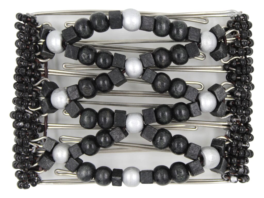 African Butterfly Wire Hair Clip - 7 Tong 786 - black solid wood beads, large silver wood beads, tiny black Czech seed beads along the edges, white background