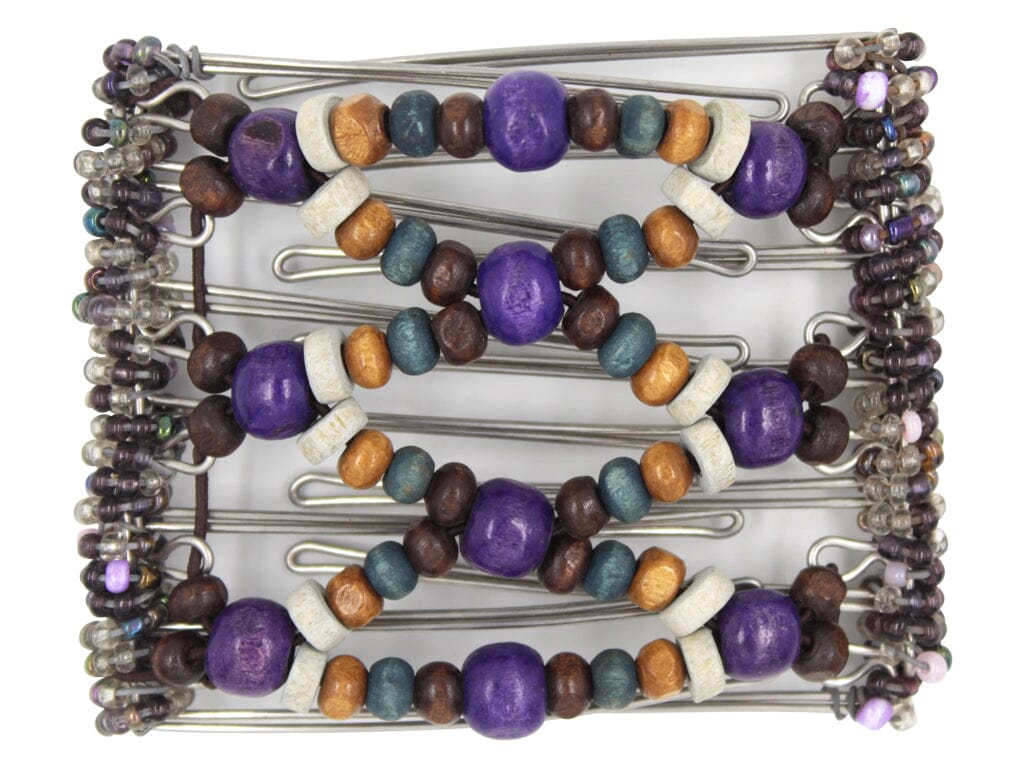 African Butterfly Wire Hair Clip - 7 Tong 787 - deep violet wood beads, chocolate brown wood beads, rustic blue and gray wood beads, russet brown wood beads, purple and clear Czech seed beads, white background