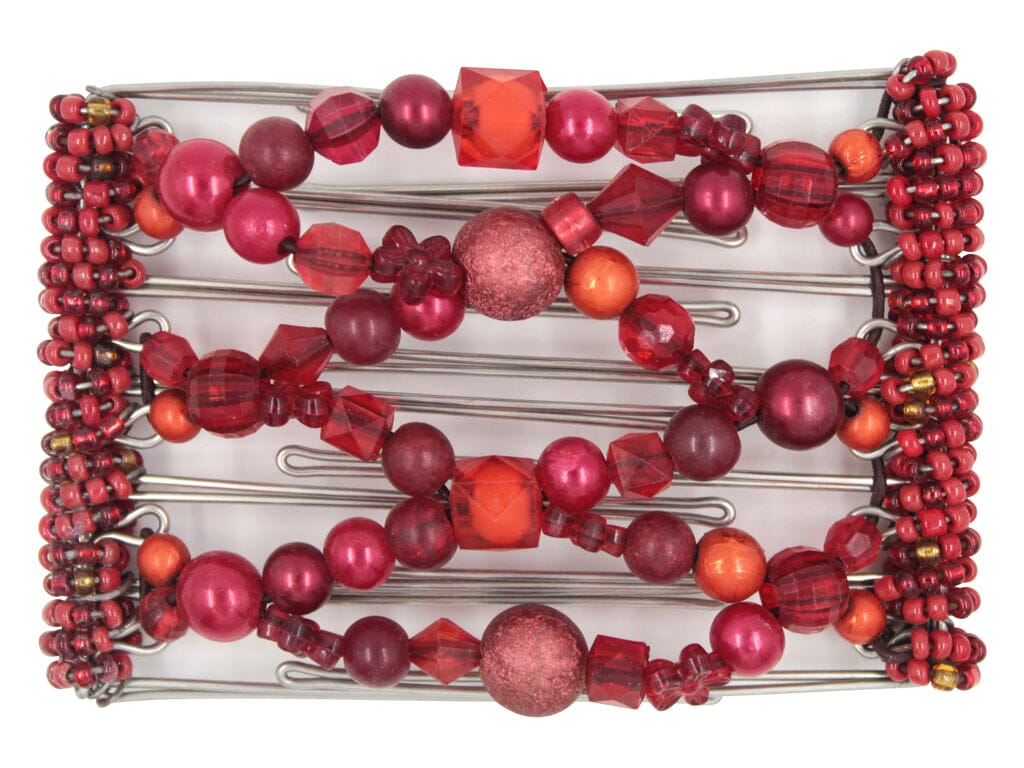 African Butterfly Wire Hair Clip - 7 Tong 793 - assorted red beads in distinct shapes, sizes, and textures, red Czech beads along the sides, white background