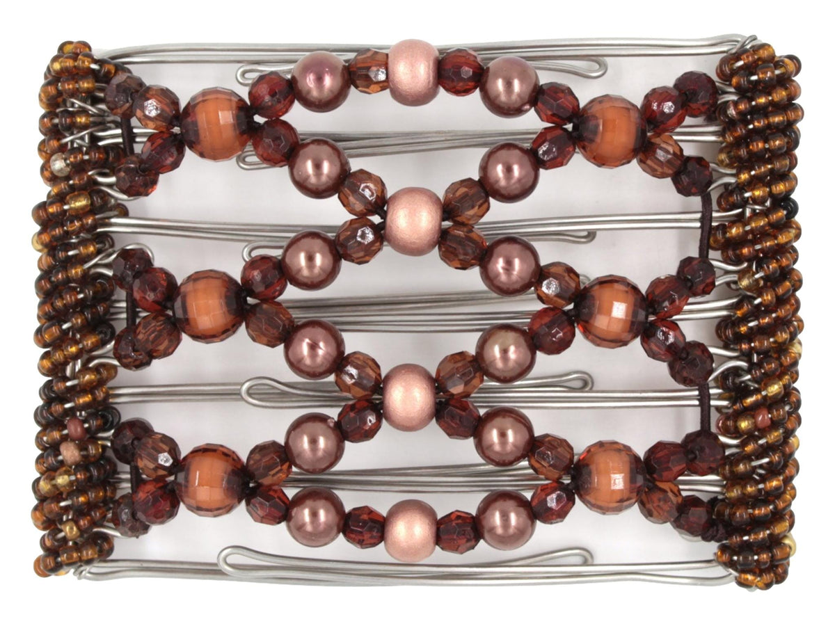 African Butterfly Wire Hair Clip - 7 Tong 800 - copper wood center beads, mahogany acrylic beads, creamy toffee pearl beads, chestnut acrylic beads, amber Czech seed beads along the edges, white background