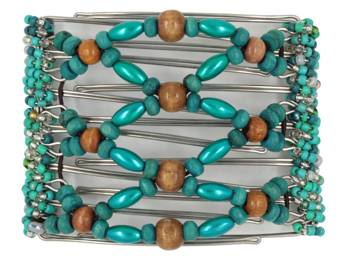 African Butterfly Wire Hair Clip - 7 Tong 802 - rustic milk chocolate brown wood beads at the center and sides, dark turquoise wood beads, dark turquoise pearl beads, teal, turquoise and clear Czech seed beads wrapped along the sides, white background