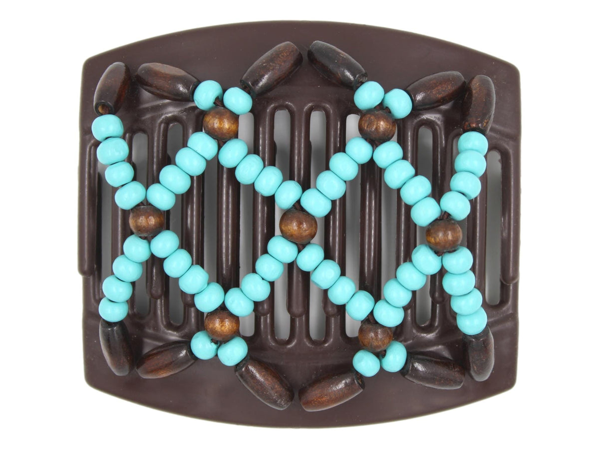 African Butterfly Thick Hair Comb - Ndebele Brown 187 - aqua blue wood beads, dark brown wood beads, white background