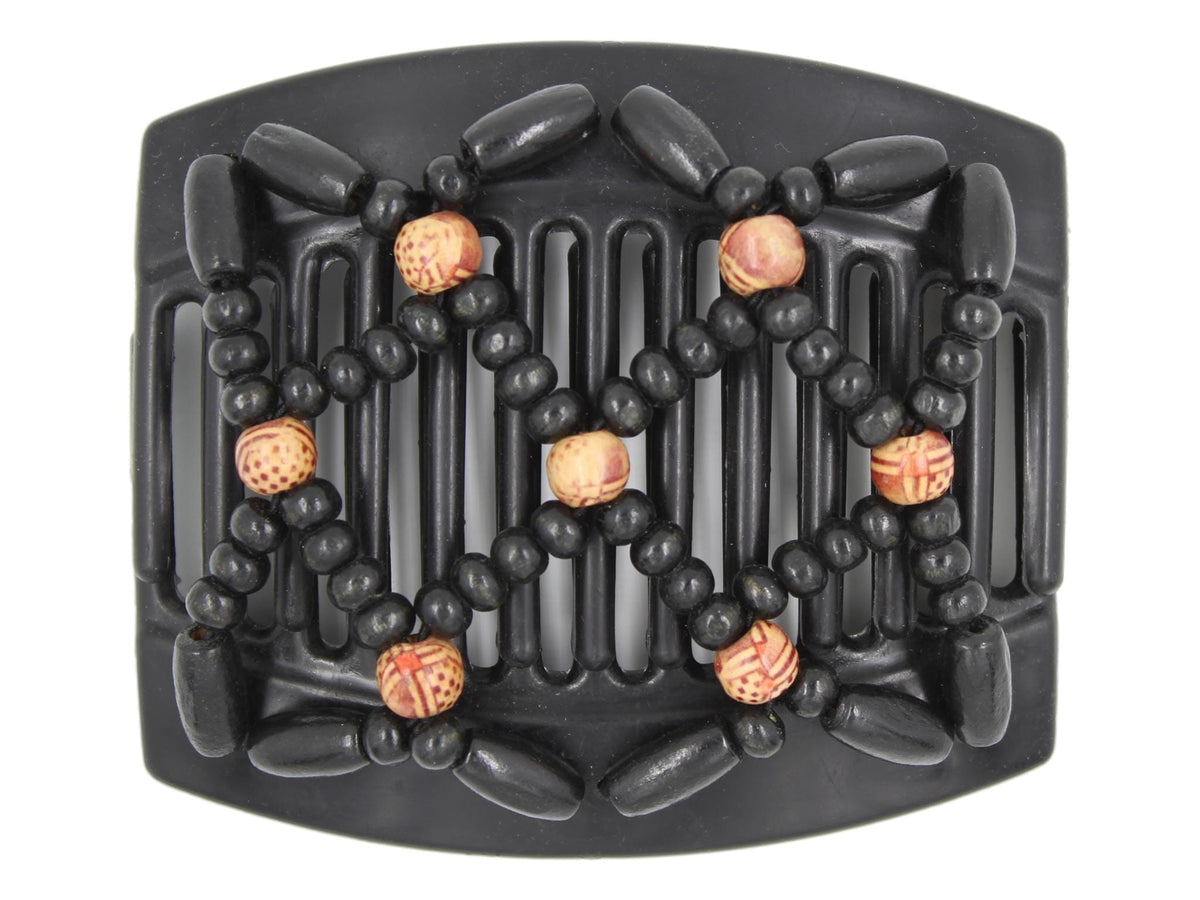 African Butterfly Hair Comb - Ndebele Black 146 - boho-style wood beads, black wood beads, white background
