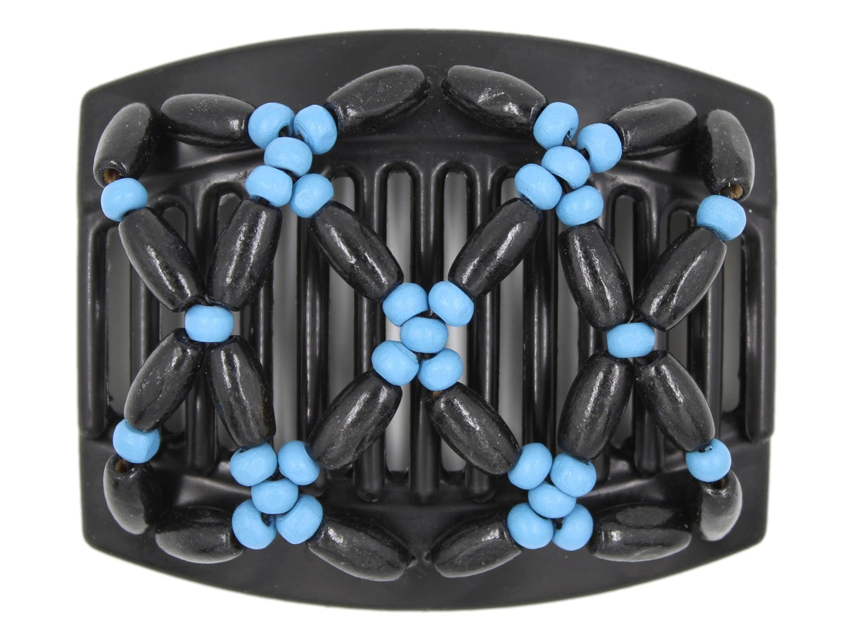 African Butterfly Hair Comb - Ndebele Black 144 - cerulean blue wood beads, black wood beads, white background