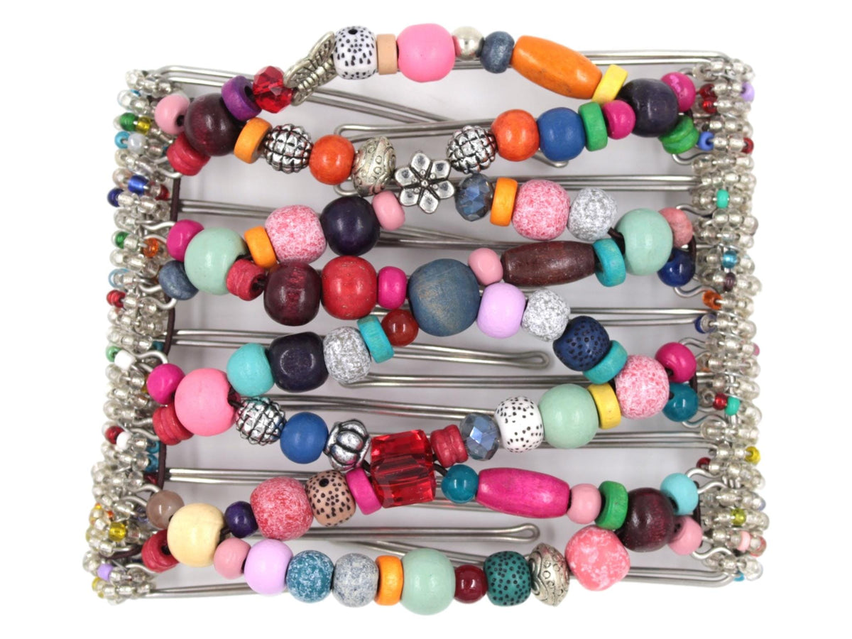 African Butterfly Wire Hair Clip - 9 Tong 1005 - rainbow multicolored fancy beads in varied shapes and sizes, silver beads, white background
