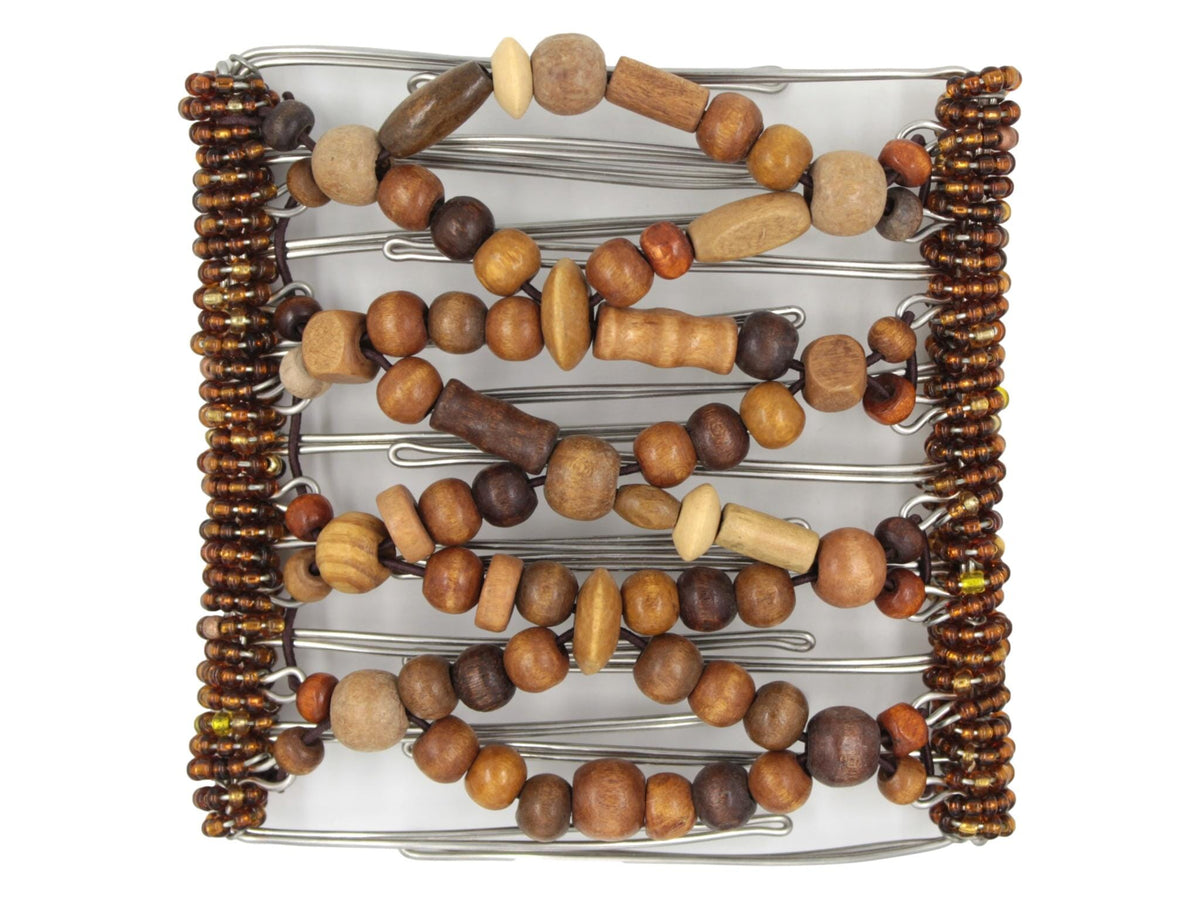 African Butterfly Wire Hair Clip - 9 Tong 1008 - natural wood beads in espresso, honey, caramel and cream, varied shapes and textures, white background