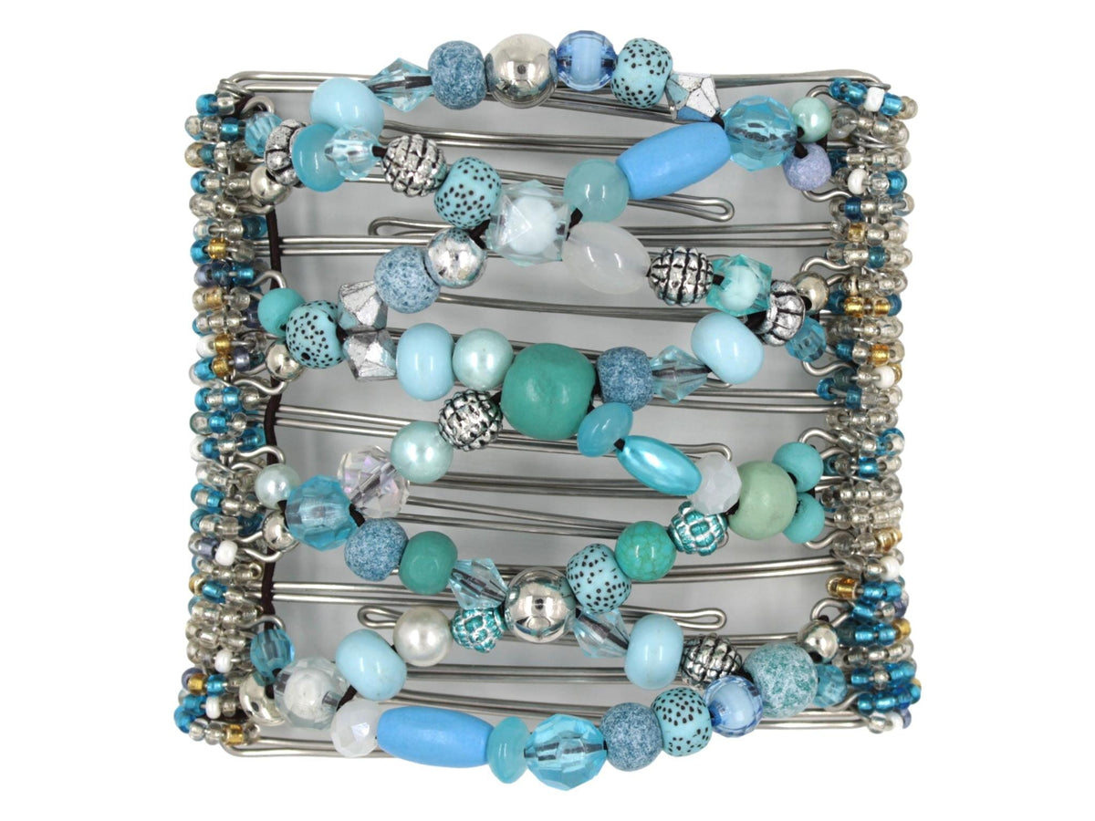 African Butterfly Wire Hair Clip - 9 Tong 1013 - baby blue and aqua wood and acrylic beads in varied shapes and sizes, white pearls, clear beads, silver beads, aqua and clear Czech seed beads along the edges, white background